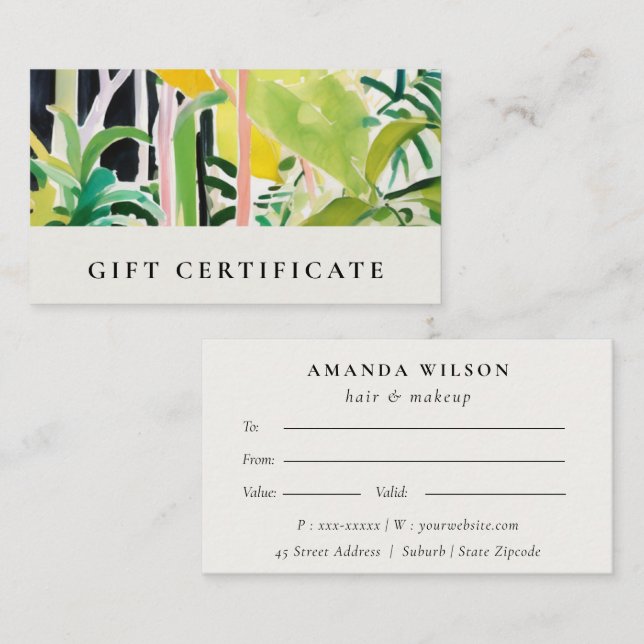 Boho Tropical Foliage Botanical Gift Certificate Visitenkarte (Vorne/Hinten)
