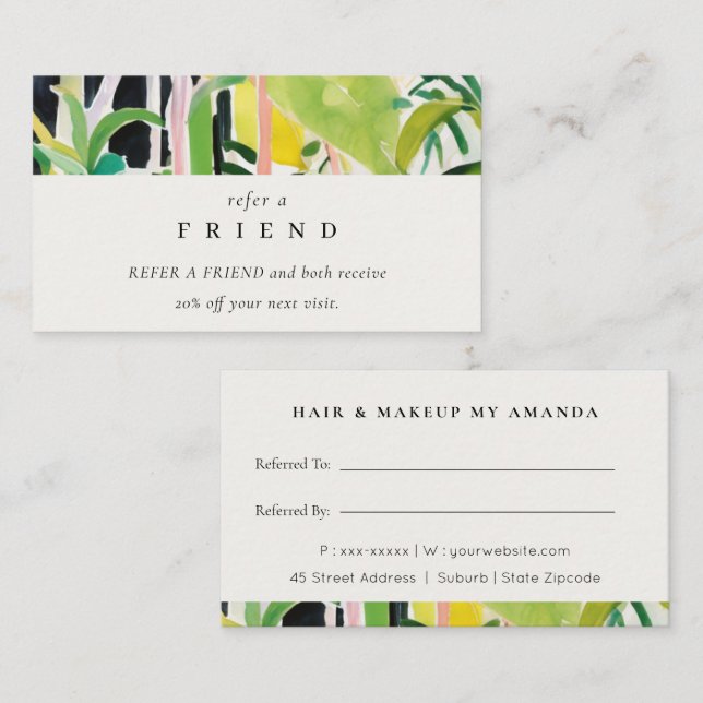 Boho Tropical Foliage Botanical Refer A Friend Visitenkarte (Vorne/Hinten)