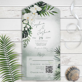 Boho Tropical Greenery Moderner Grüner QR-Code All In One Einladung