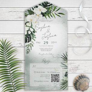 Boho Tropical Greenery Moderner Grüner QR-Code All In One Einladung