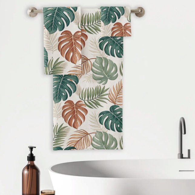 Boho Tropical Leaves Pattern Rust Green Beige Badhandtuch Set (Von Creator hochgeladen)