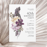 Boho Tropical Lila Parrot 40. Geburtstag Einladung<br><div class="desc">Eine wunderschöne bohrofarbene tropische Aquarellblume aus dem 40. Jahrhundert mit einer prächtigen Farbpalette in lila, pflaumenfarben, beige (cremefarben) und grün. Ein schöner großer lila Papagei liegt auf einem luxuriösen Bouquet exotischer tropischer Blume. Das Farbschema ist perfekt für Geburtstagsveranstaltungen zu jeder Jahreszeit und hat einen rustikalen Charme. Zu den Blume dieses...</div>