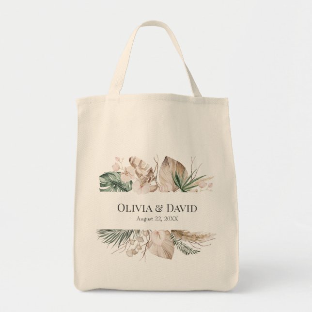 Boho Tropical Monstera und Orchid Wedding Tragetasche (Vorne)