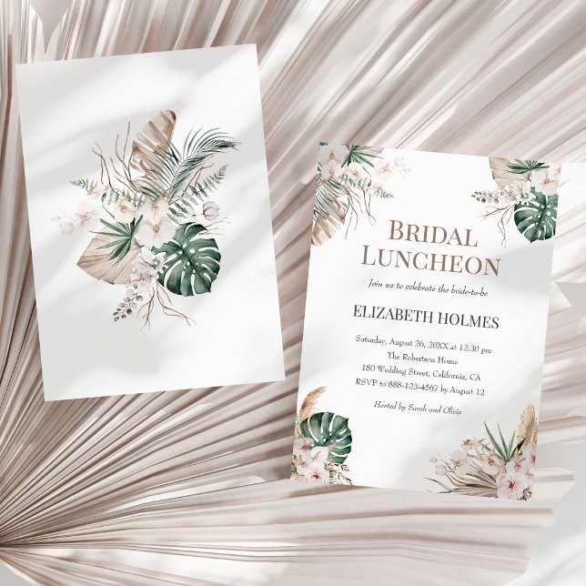Boho Tropical Orchid Bridal Luncheon Einladung (Boho Tropical Orchid Bridal Luncheon Invitation on a sunny neutral dry palm leaf.)