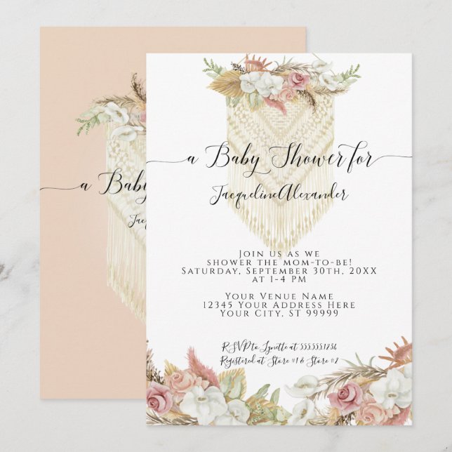 Boho Tropical Pampas Grass Floral Girl Babydusche Einladung (Vorne/Hinten)
