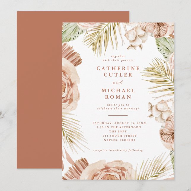 Boho Tropical Rose Hochzeit Einladung (Vorne/Hinten)