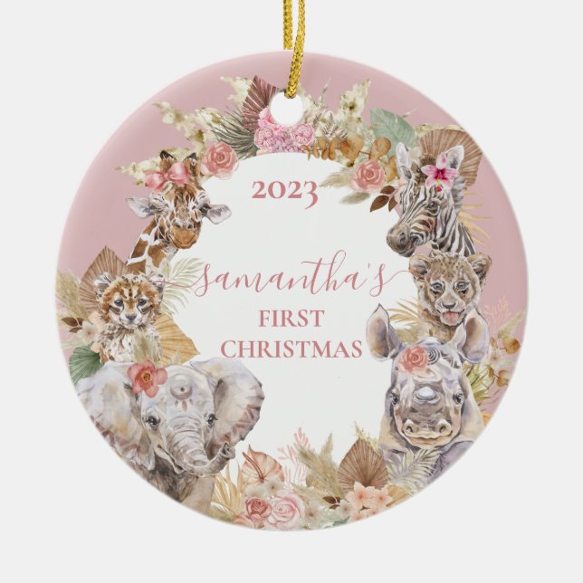 Boho Tropical Safari Jungle Animals Pink Girl Keramik Ornament (Vorne)