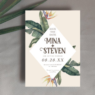 Boho tropische, geometrische Bananenstauden Blätte Save The Date