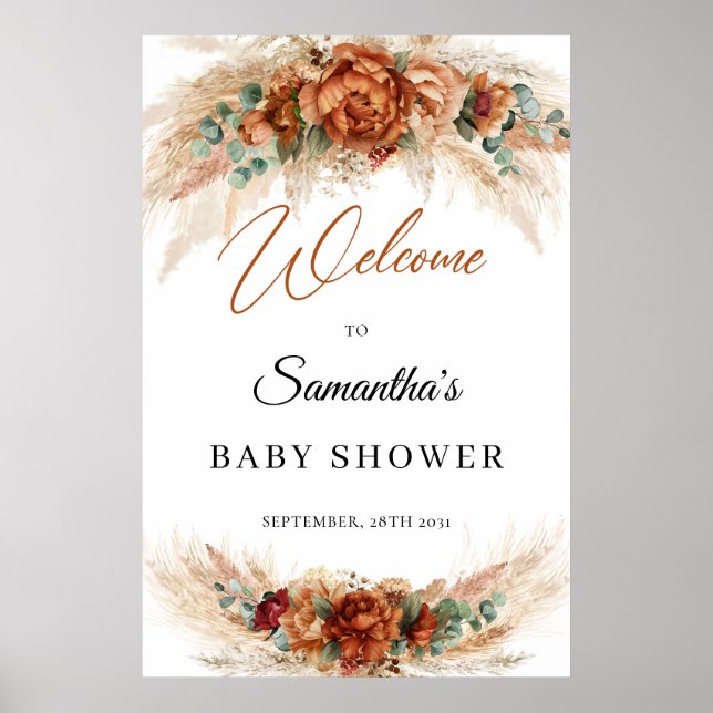 Boho tropische Terracotta Blumenpampas Babydusche Poster (Vorne)