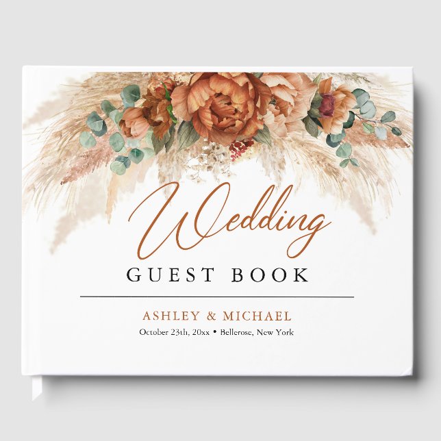 Boho tropische Terracotta Blumenpampas Hochzeit Gästebuch (Vorderseite)