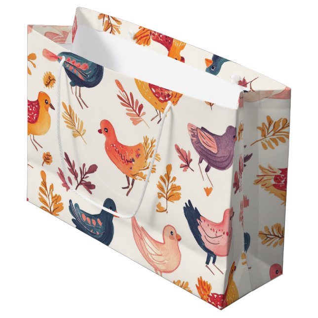 Boho-Truthahn-Volkskunst-Wasserfarbenmuster Große Geschenktüte (Vorderseite Schrägansicht)