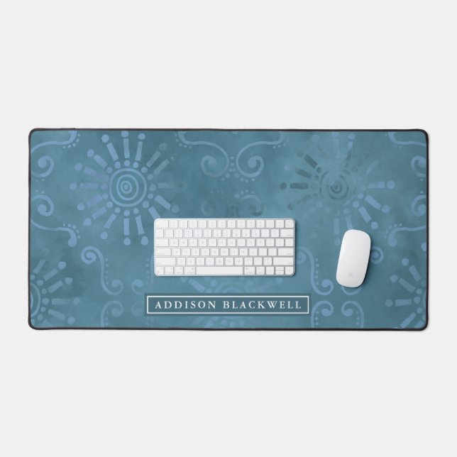 Boho Turquoise Blue Geometry Desk Mat et Nom perso (Clavier et souris)