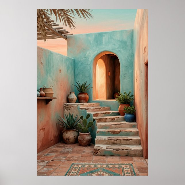 Boho Turquoise Desert Courtyard, Rustic Staircase  Poster (Vorne)