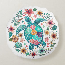 Boho Turquoise Floral Sea Turtle - Coastal Rundes Kissen