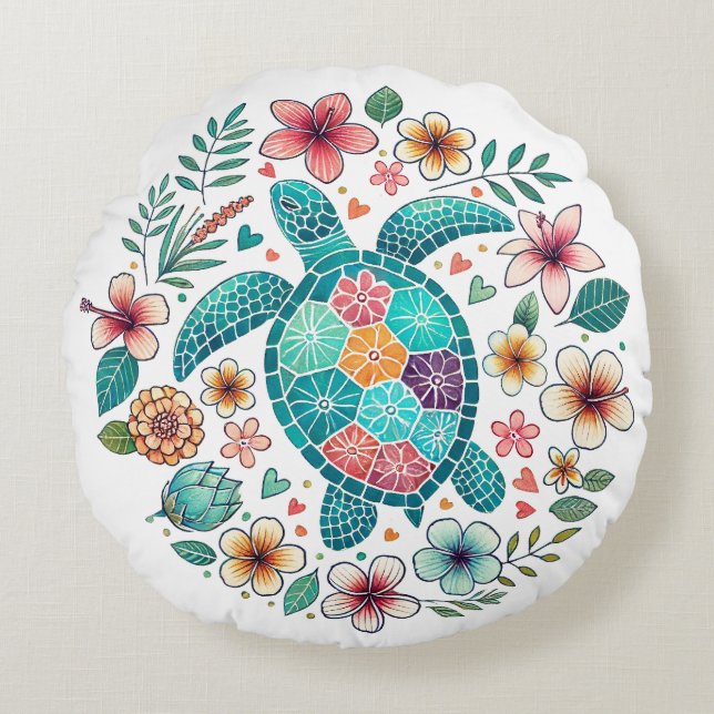 Boho Turquoise Floral Sea Turtle - Coastal Rundes Kissen (Vorderseite)