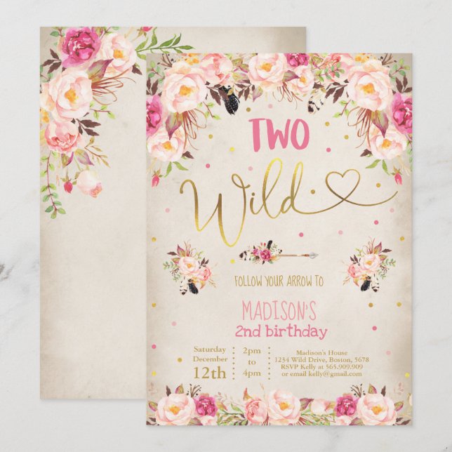 Boho Two Wild Birthday Einladung Watercolor Boho (Vorne/Hinten)