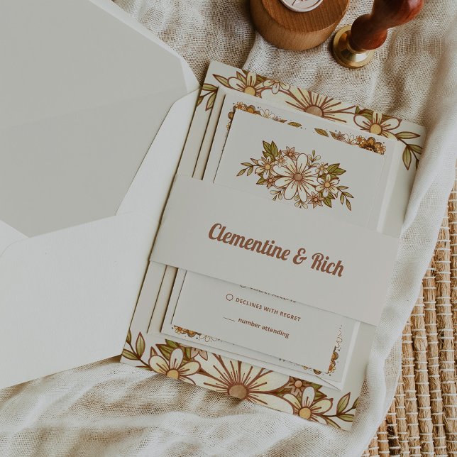 Boho und Retro-Neutrale Hochzeit Einladungsbanderole (Trendy vintage style wedding belly bands with retro script)