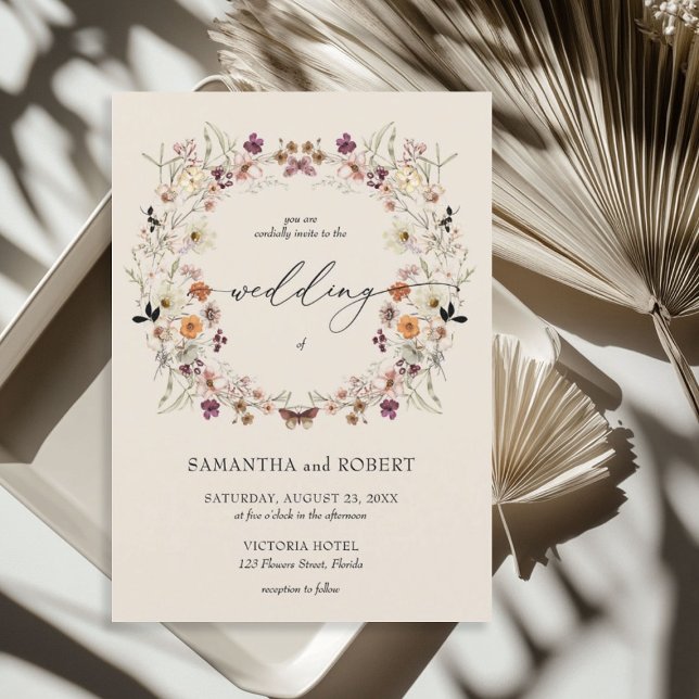 Boho verbrannte orangefarbene Wildblumen Einladung (Boho burnt orange copper wildflowers wreath invitation)