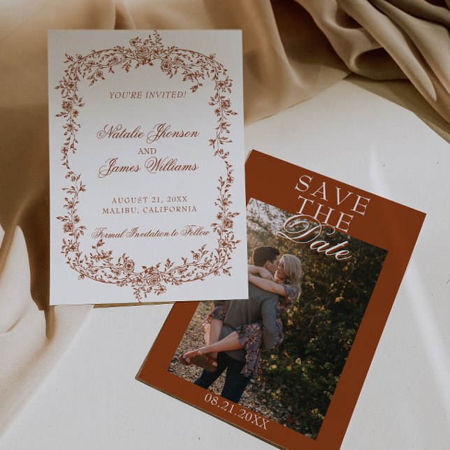 Boho verbranntes orangefarbenes florales botanisch save the date (Von Creator hochgeladen)