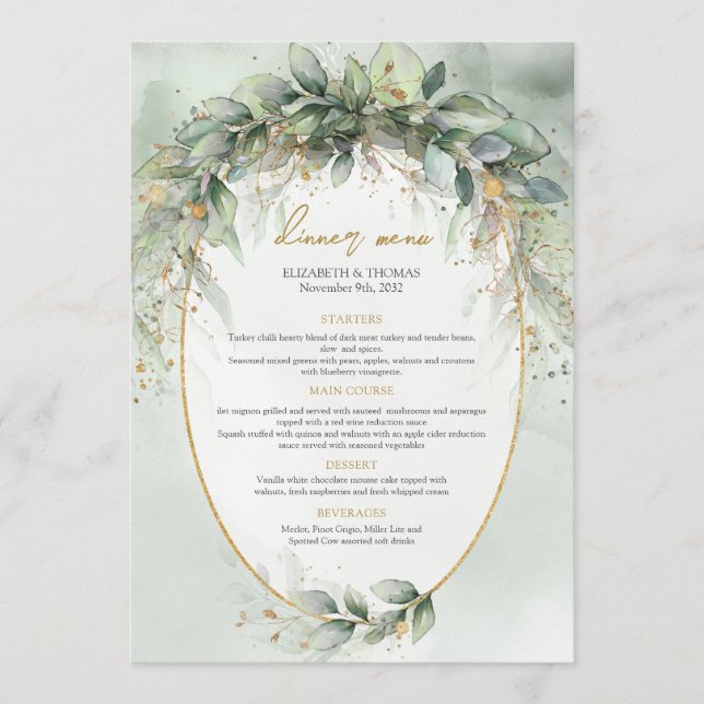Boho vert eucalyptus feuillage or oval menu (Devant)