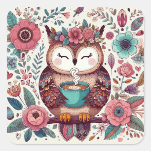 Boho Vibes: Design für Kaffee und Schüssel Art Quadratischer Aufkleber
