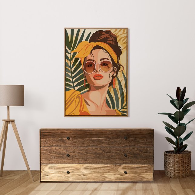 Boho Vintag Feminine Sommer-Portrait Poster (Boho Vintage Feminine Summer Portrait Art Poster in a neutral boho living room.)