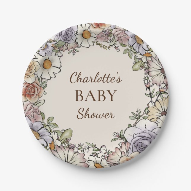 Boho Vintag Floral Beige Babydusche Pappteller (Vorderseite)