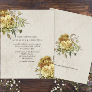 Boho Vintag Gold Rose und Cream Damask Hochzeit Einladung