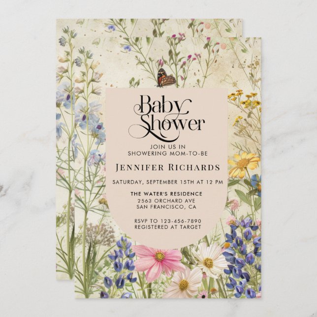 Boho Vintag Wildblume Baby Dusche Einladung (Vorne/Hinten)