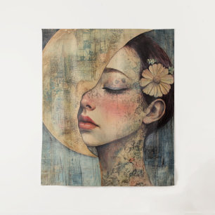 Boho Vintage Frau und Halbmond Wandteppich