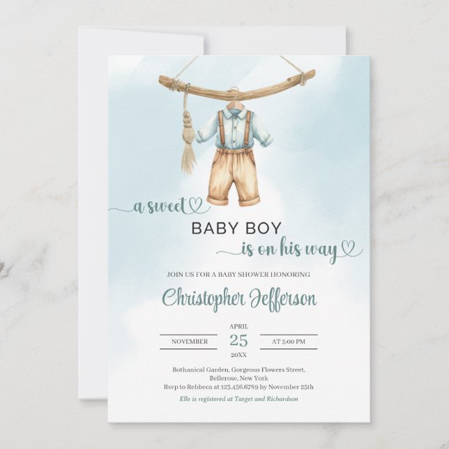 Boho Vintage Salbei-Babyoutfit Einladung (Vorderseite)