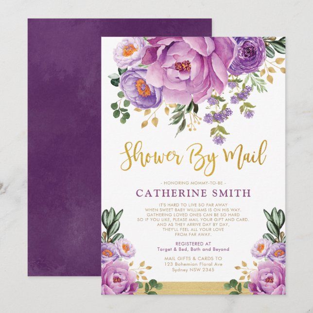 Boho Violet Gold Floral Girl Babydusche per Mail Einladung (Vorne/Hinten)