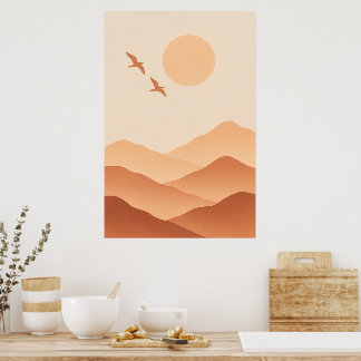 Boho-Vögel & Bergsonne – Minimalistische Natur Poster
