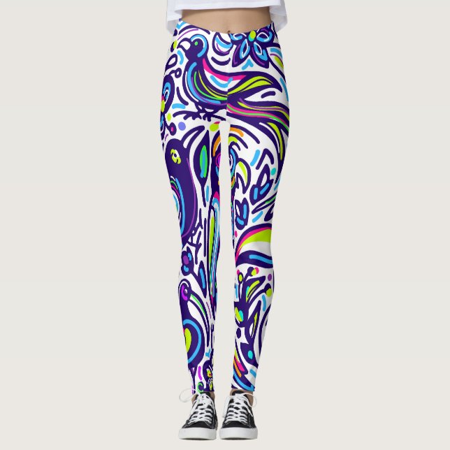 Boho Vogelmuster l Elegant Blau und Weiß Leggings (Vorderseite)
