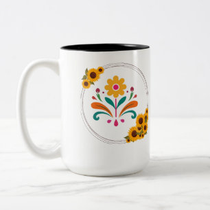 Boho-Volks kunst-Gelbe Blumen-Wappen-Kaffeetasse Zweifarbige Tasse