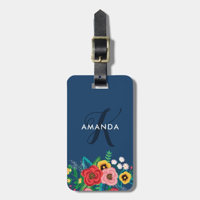 Boho VolksBlumen - tiefes blaues Monogramm Gepäckanhänger (Vorderseite vertikal)