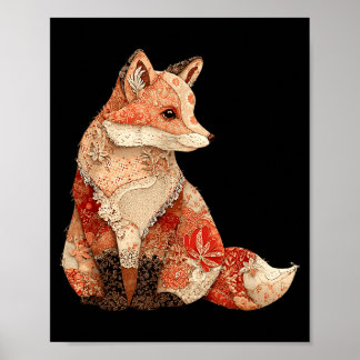 Boho-Wald-Fuchs-Patchwork-Blumen-Herbst-Volkskunst Poster