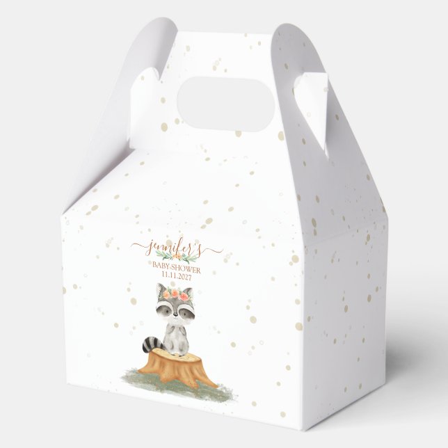 Boho-Wald-Waschbär-Babyshower-Blumenskript Geschenkschachtel (Vorderseite)