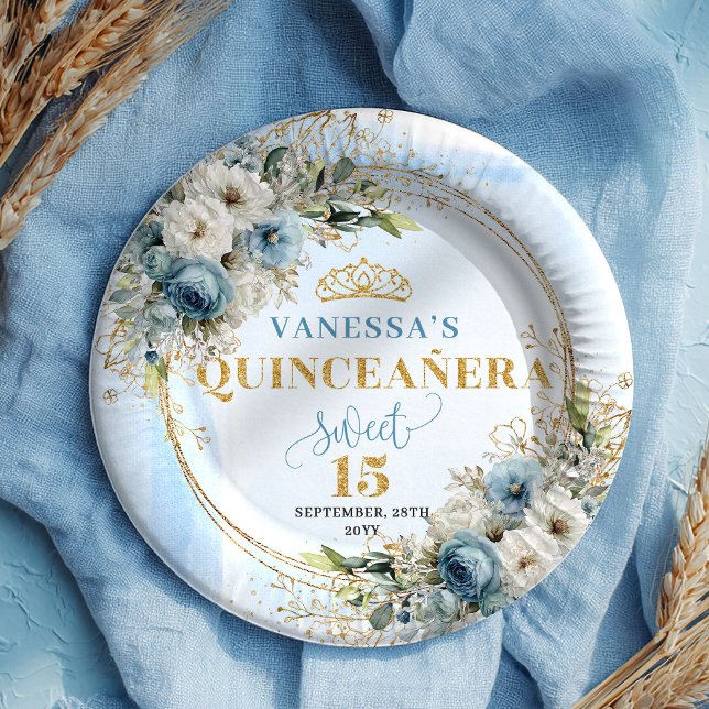 Boho-Wasserfarbe Blaue Blumen Gold Custom Quince Pappteller (Boho Watercolor Blue Flowers Gold Custom Quince)