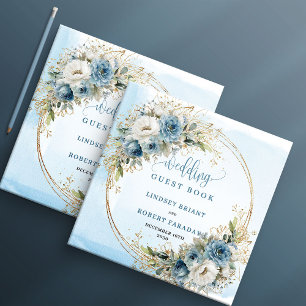 Boho-Wasserfarbe Blaue Blumen Gold Gästebuch