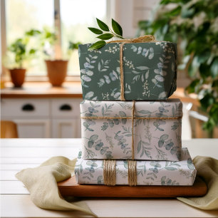 Boho-Wasserfarbe-Eukalyptus-Grünzeug-Hochzeit Geschenkpapier Set