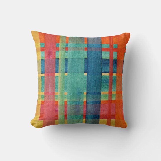 BOHO Wasserfarbe Orange Aquamarin Blue Red Strip K Kissen (Vorderseite)