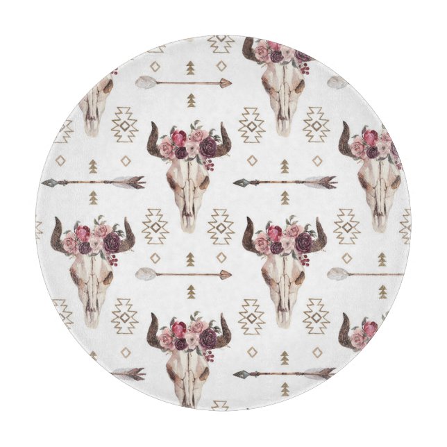 Boho Wasserfarbe: Pfeile, Schädelmuster. Schneidebrett (Vorderseite)