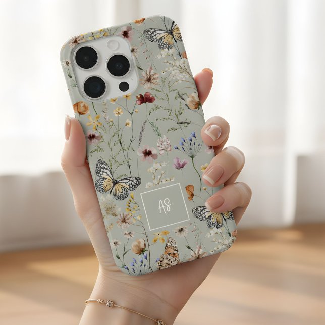 Boho-Wasserfarbe-Wildblumen-Muster-Monogramm iPhone 15 Pro Hülle (Von Creator hochgeladen)