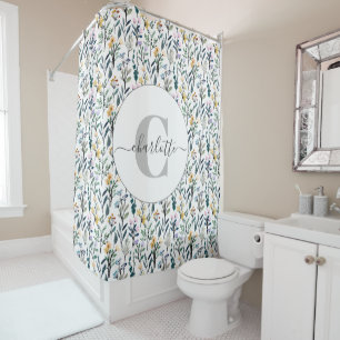 Boho Wasserfarbe Wildblumen Muster Monogramm Name  Duschvorhang