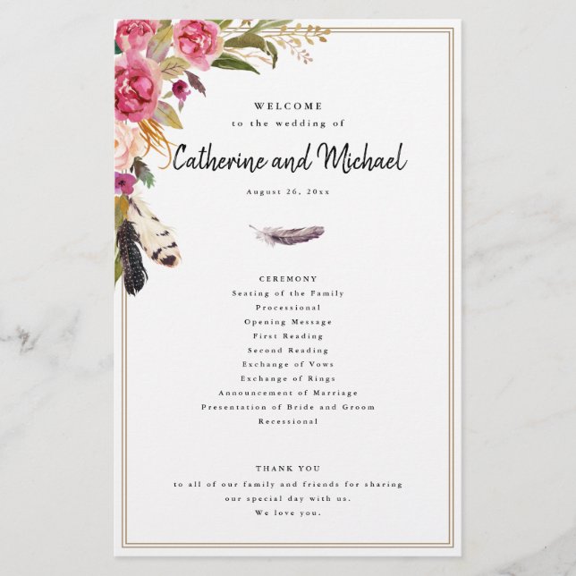 Boho Wasserfarben-Blume + Feathers, Papierprogramm Flyer (Vorne)