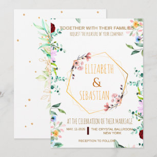 Boho-Wasserfarben-Blumen-Geometrie-Goldene Hochzei Einladung
