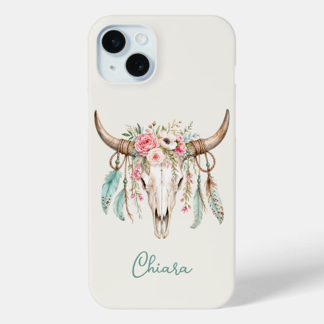 Boho-Wasserfarben-Blumen-Kuh-Schädel Case-Mate iPhone Hülle (Rückseite)