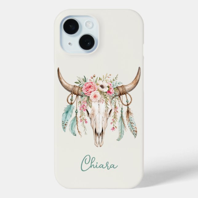 Boho-Wasserfarben-Blumen-Kuh-Schädel Case-Mate iPhone Hülle (Rückseite)