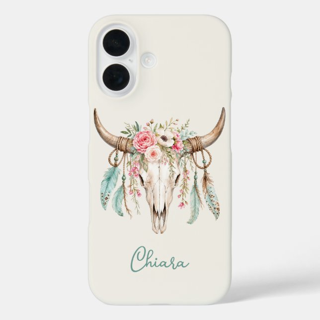 Boho-Wasserfarben-Blumen-Kuh-Schädel iPhone 16 Hülle (Rückseite)